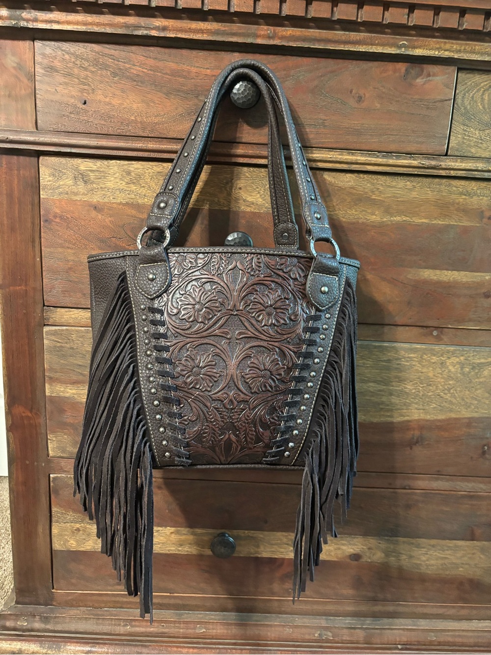 Fringed Tooled Leather Concealed Carry Shoulder Bag - Brown